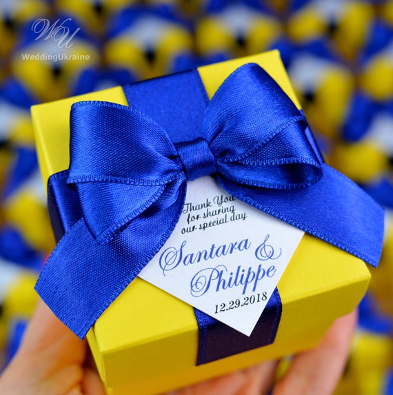 bow and custom tag Bridal shower or Wedding favor boxes with Royal Blue satin ribbon Elegant Personalized Wedding Favor Box for guests