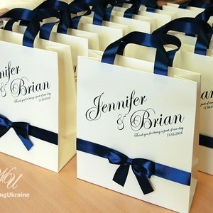25 Ivory and Navy Blue Wedding Welcome Bags with satin ribbon, bow and names Wedding gift Bags Custom - Personalized Wedding Favor Gift bag