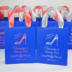 25 Elegant Birthday Party Favor Bags with satin ribbon handles and your name, Personalized Birthday Bash gifts and favors for guests