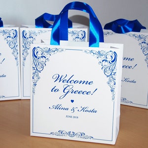 30 Greece Wedding Welcome Bags with Royal Blue satin ribbon handles & your names - Elegant Personalized destination wedding favors