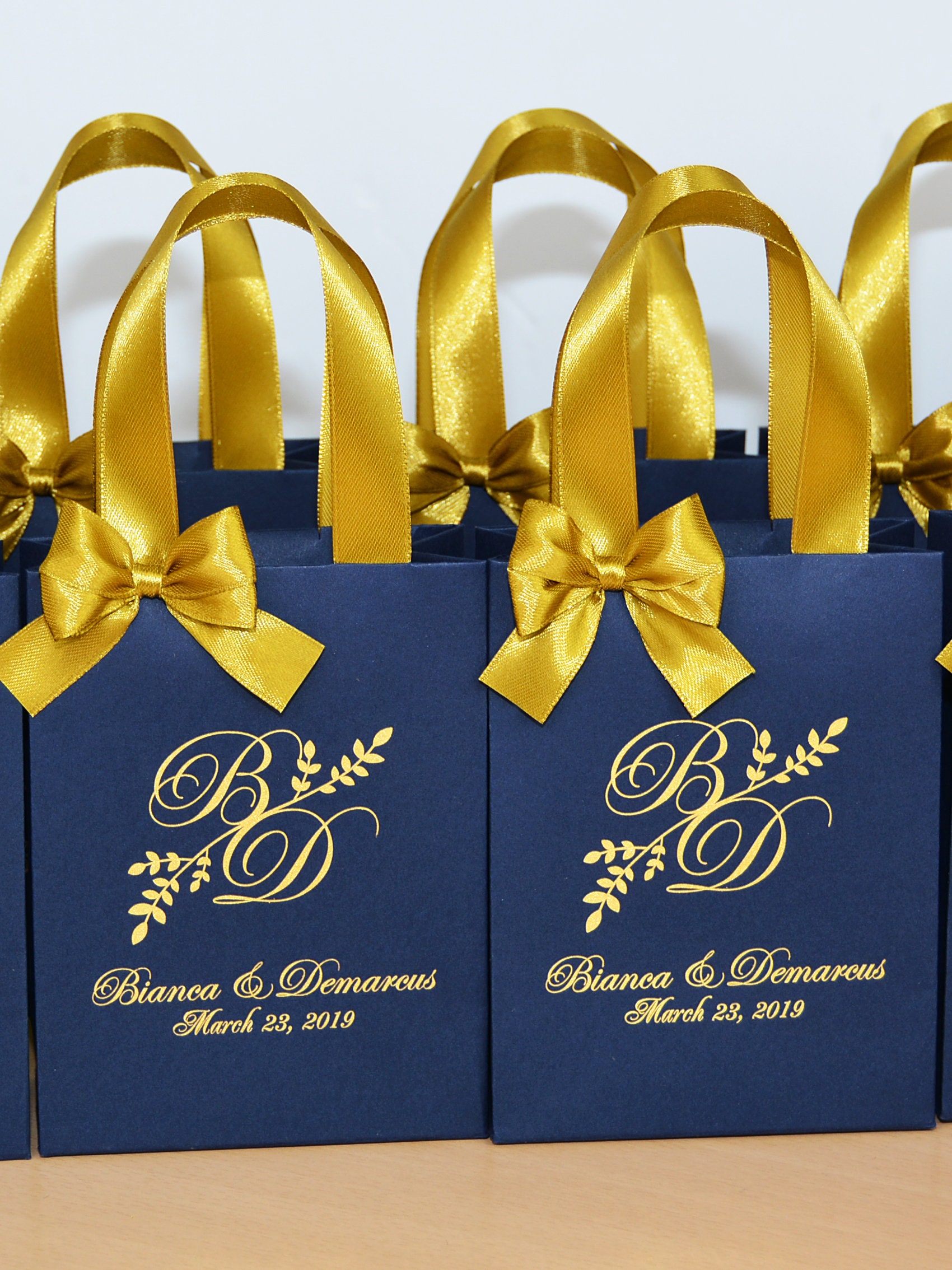 25 Gold & Navy Blue Wedding Bags With Satin Ribbon Etsy