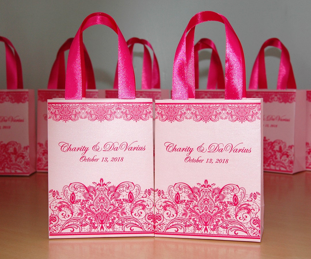 Pink Wedding Welcome Bags With Satin Ribbon Handles and Your Names ...