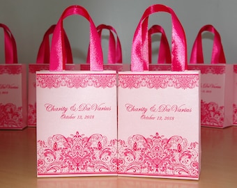 Pinke Hochzeits-Willkommenstaschen mit Satinbandgriffen und Ihren Namen personalisierte Hochzeitsparty-Geschenktasche für Hochzeitsgeschenke für Gäste