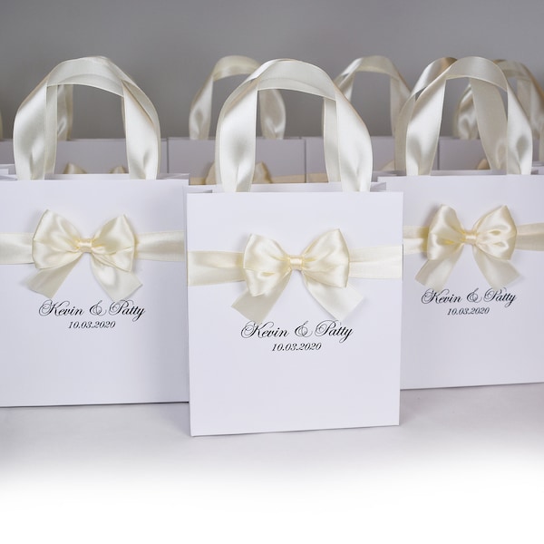 Wedding Welcome Bags with satin ribbon, bow and names - Elegant Personalized Paper Bag - Ivory Custom Wedding Gift bags