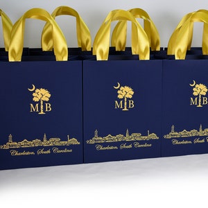 25 Charleston Wedding Welcome Bags with satin ribbon handles, Destination Wedding, Personalized Navy Blue & Gold Gift bags for party favors