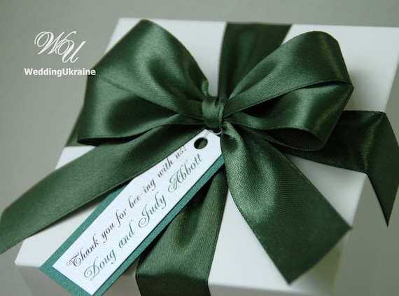 Thank You Favor Gift Box With Elegant Satin Ribbon, Bow and Tag White and  Dark Green Custom Personalized Wedding Favor Boxes for Guests 