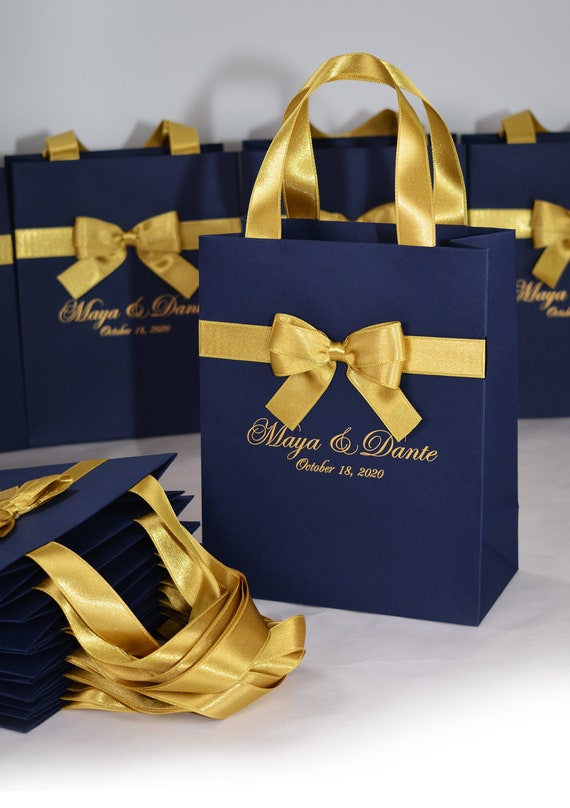 30 Navy Blue Gold Wedding Welcome Bags With Satin Ribbon Handles