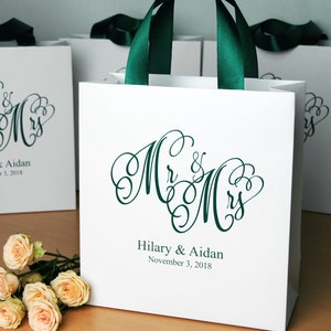 20 Mr and Mrs Gift Bags with Emerald Green satin ribbon handles and your names Greenery Wedding welcome Bags Personalized favors for guests