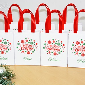 Chic Merry Christmas gift bags, Personalized Holiday Gift Bag with satin ribbon handles and custom name, Elegant party favors for guests