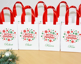 Chic Merry Christmas gift bags, Personalized Holiday Gift Bag with satin ribbon handles and custom name, Elegant party favors for guests