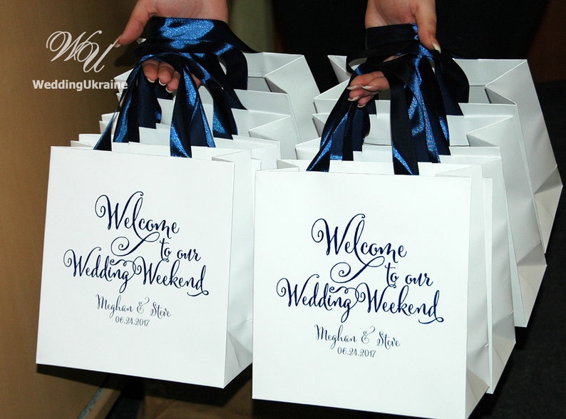 25 Navy Blue Ribbon Handles Wedding Welcome Bags - Custom Personalized ...