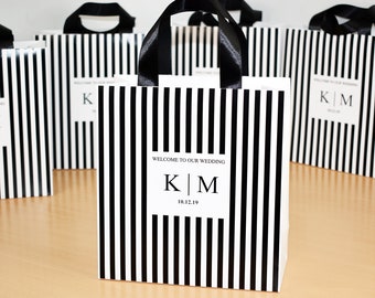 30 Personalized Wedding Welcome Bags with satin ribbon handles and initials, Elegant Black & White paper bags for wedding favor for guests