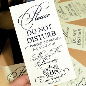 Elegant Ivory Wedding Door Hanger, Do Not Disturb Door Hanger, Door Tags, Wedding Favor ideas with satin ribbon & names, Wedding Monogram