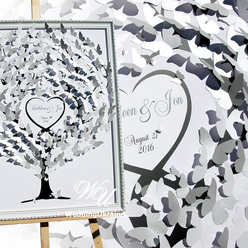 Wedding GuestBook Ideas up to 150 guests - White and Silver Butterflies - shops 3d guest book Tree - Modern alternative to traditional guestbooks