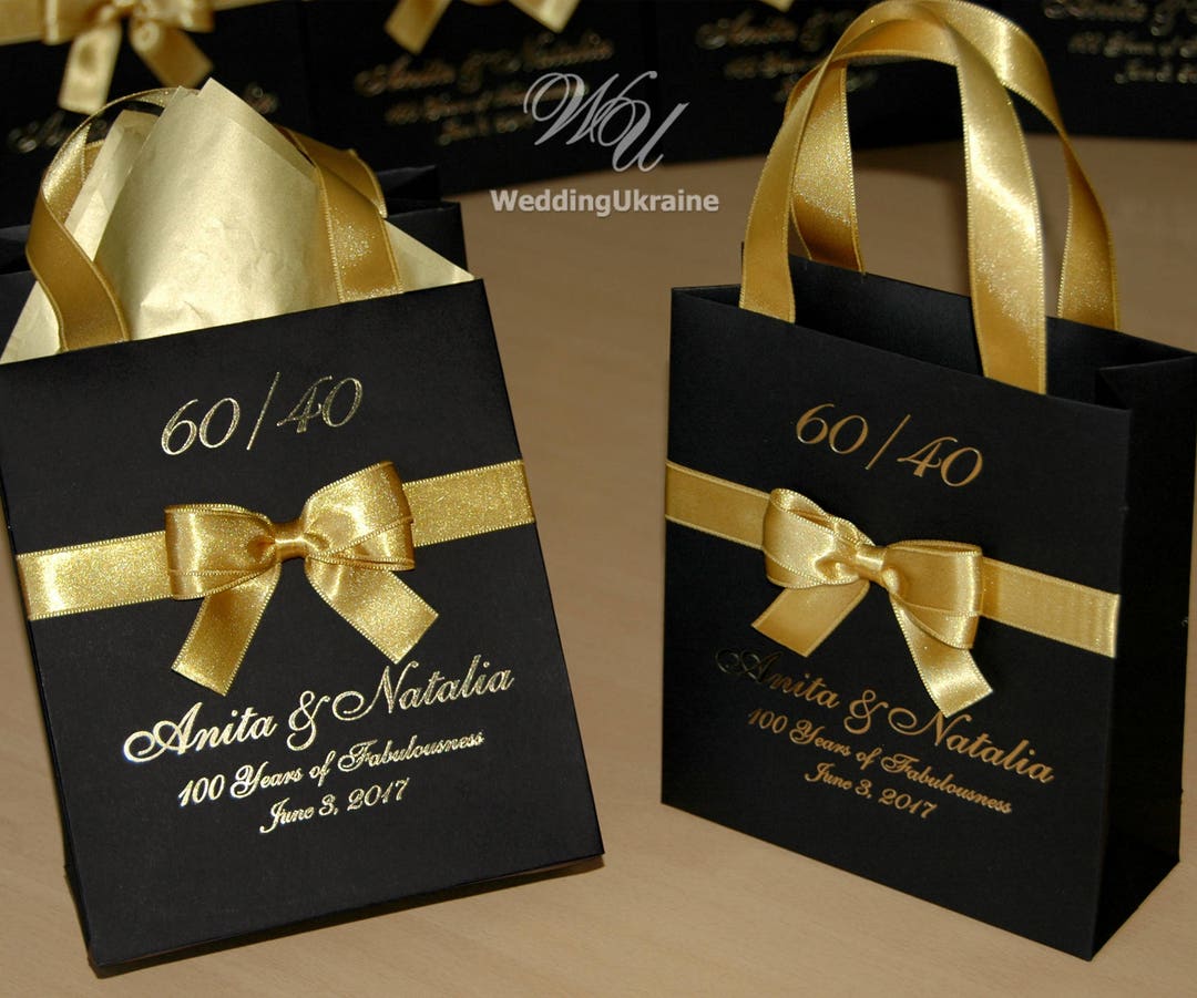 6 Pcs Gift Bags With Golden Bow Ribbon Black Paper Gift Bags Portable Party  Bags