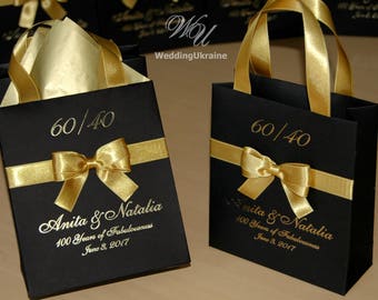 100 Chic Birthday Gift Bags - Black & Gold Paper Bag with satin ribbon, bow and foil names - Anniversary Party favors for guests