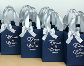30 Wedding Welcome Bags with satin ribbon handles and your names Silver & Navy blue Personalized Wedding bags for wedding favor for guests
