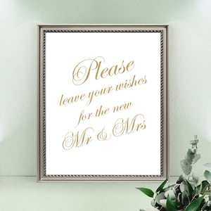 Bitte hinterlassen Sie Ihre Wünsche für das neue Mr und Mrs Zeichen, Gold Moderne Kalligraphie, Hochzeitshinweis Zeichen, Hochzeitsgästebuch Zeichen Sofort Download