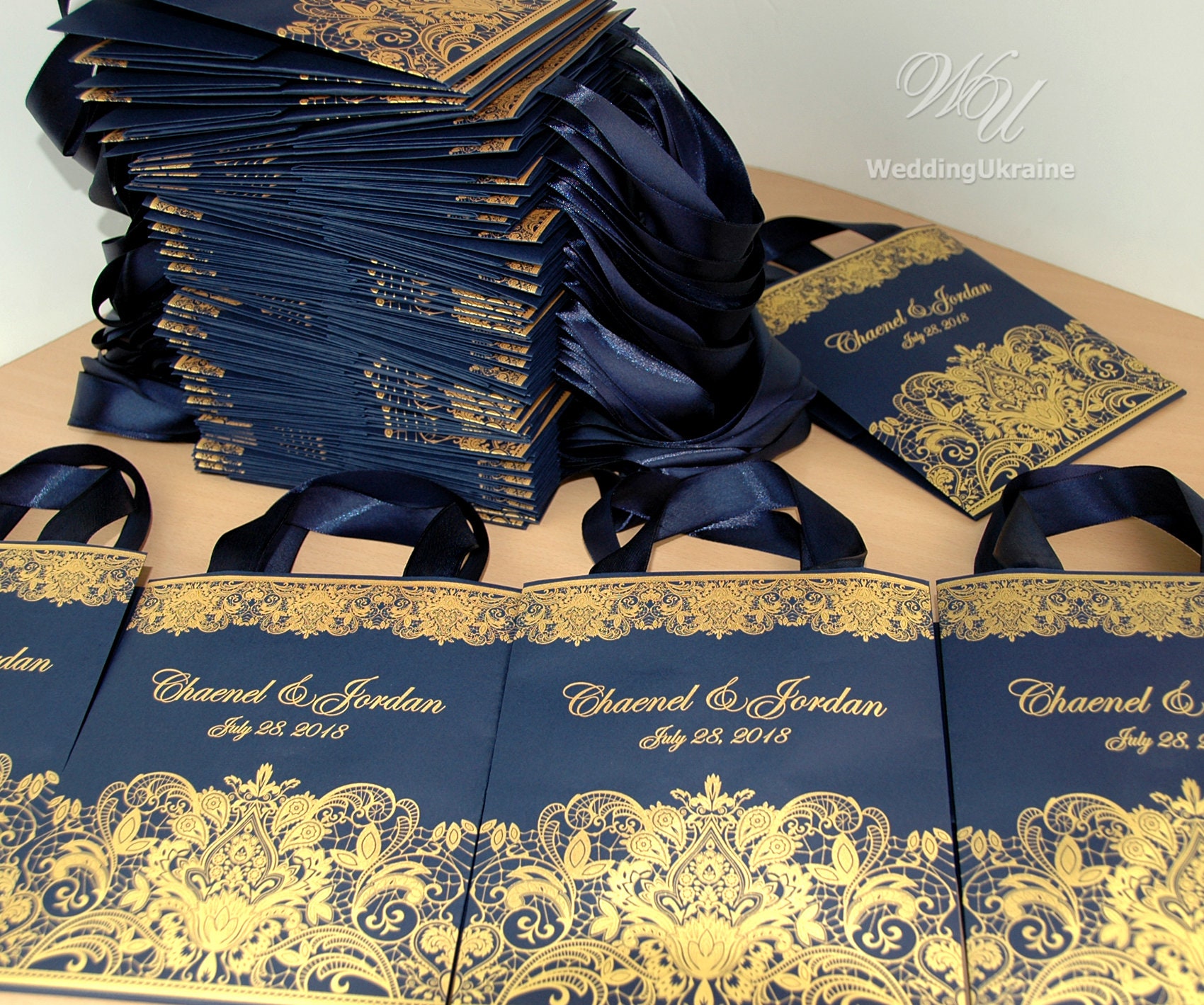 Gift Bags Set - 4 Pack - Navy Blue Gold Design With Gold Tissue