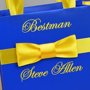 Groomsmen Gift bags with male satin ribbon bow and custom name, Chic Groomsman bag, Personalized Royal blue & Yellow Men’s bags with bow tie
