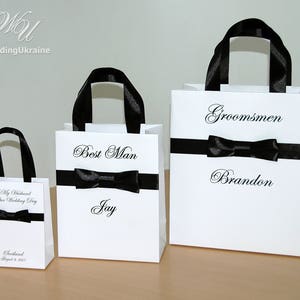 Personalized Groomsmen Gift bags - Wedding Party Gift Bag with Black male satin bow and custom name - Stylish the men’s bag with bow tie
