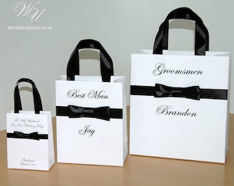 Personalized Groomsmen Gift bags - Wedding Party Gift Bag with Black male satin bow and custom name - Stylish the men’s bag with bow tie