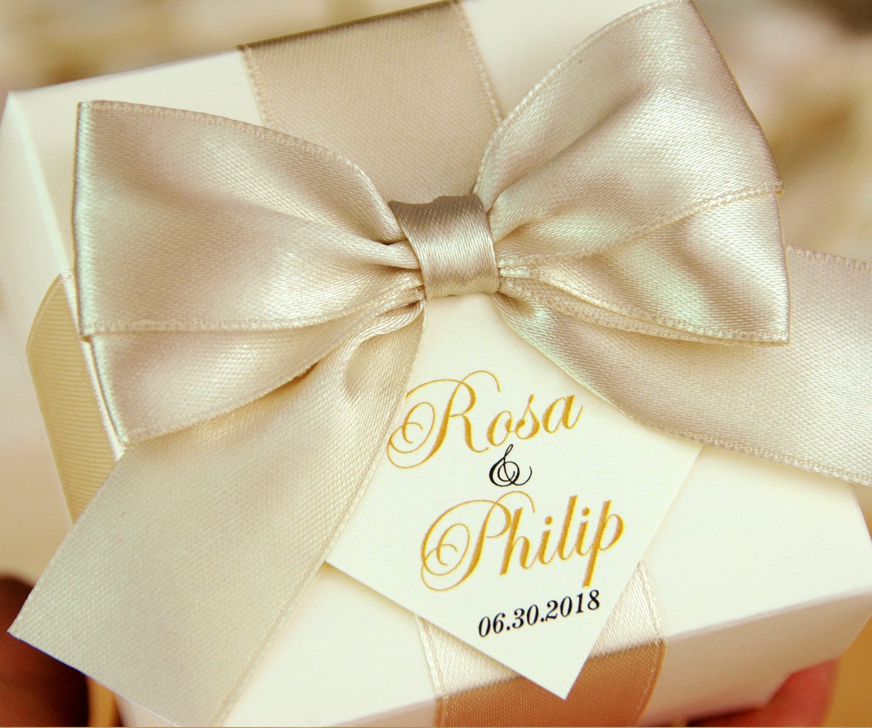 Light Pink & Gold Wedding Favor Boxes With Satin Ribbon Bow and Custom ...