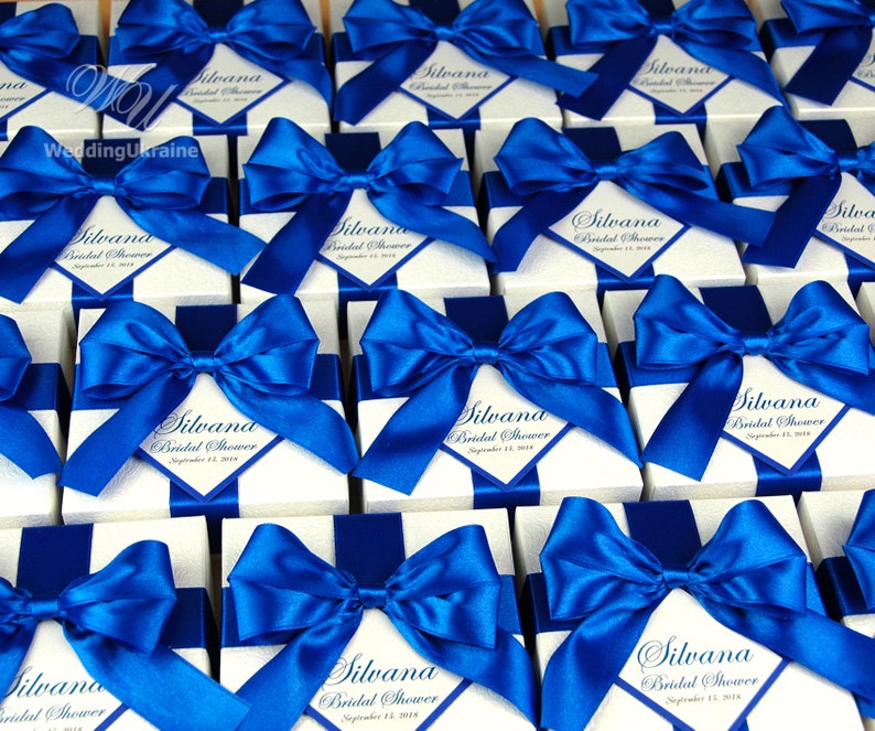 bow and custom tag Bridal shower or Wedding favor boxes with Royal Blue satin ribbon Elegant Personalized Wedding Favor Box for guests