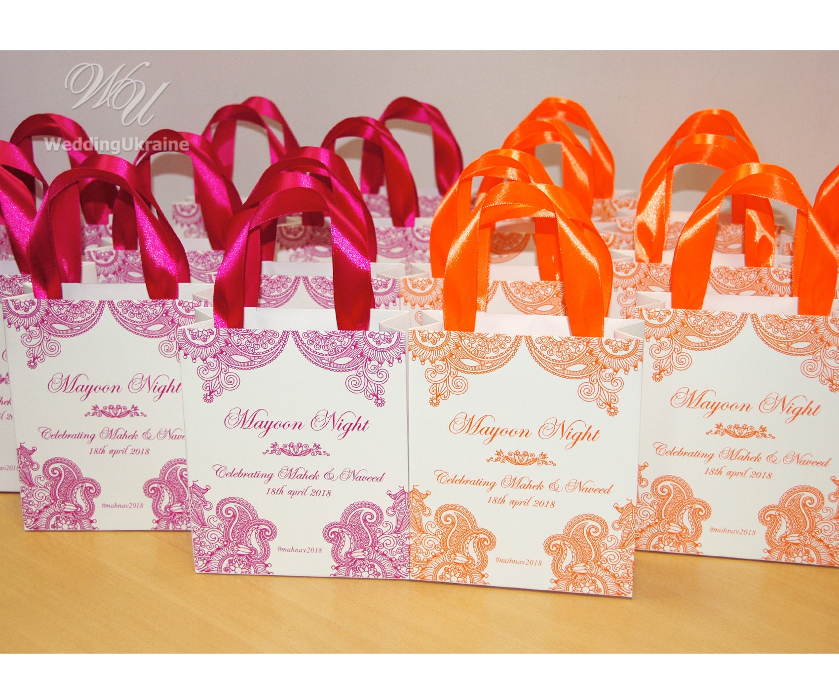 30 Mehndi Design Gift Bags With Pink Satin Ribbon & Your Names 
