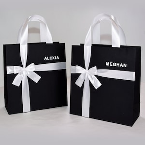 Elegant Bridesmaid gift bag with satin ribbon handles, bow & custom name. Personalized Party favors. Bridal Shower gift bags.