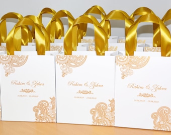 20 Mehendi design bags with Gold satin ribbon handles & names, Personalized Mehndi Night gifts Henna Sangeet Indian Wedding welcome favors