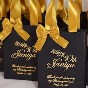 35 Birthday Gift bags with satin ribbon handles, bow and your name, Elegant Black & Gold Personalized 30th Birthday Party Favors for guests