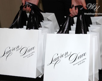 Wedding Welcome Bags with satin ribbon and names - Elegant Personalized Paper Bag - White and Black - Custom Wedding Gift bags