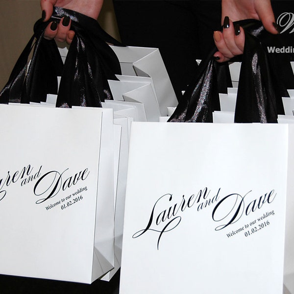 Wedding Welcome Bags with satin ribbon and names - Elegant Personalized Paper Bag - White and Black - Custom Wedding Gift bags