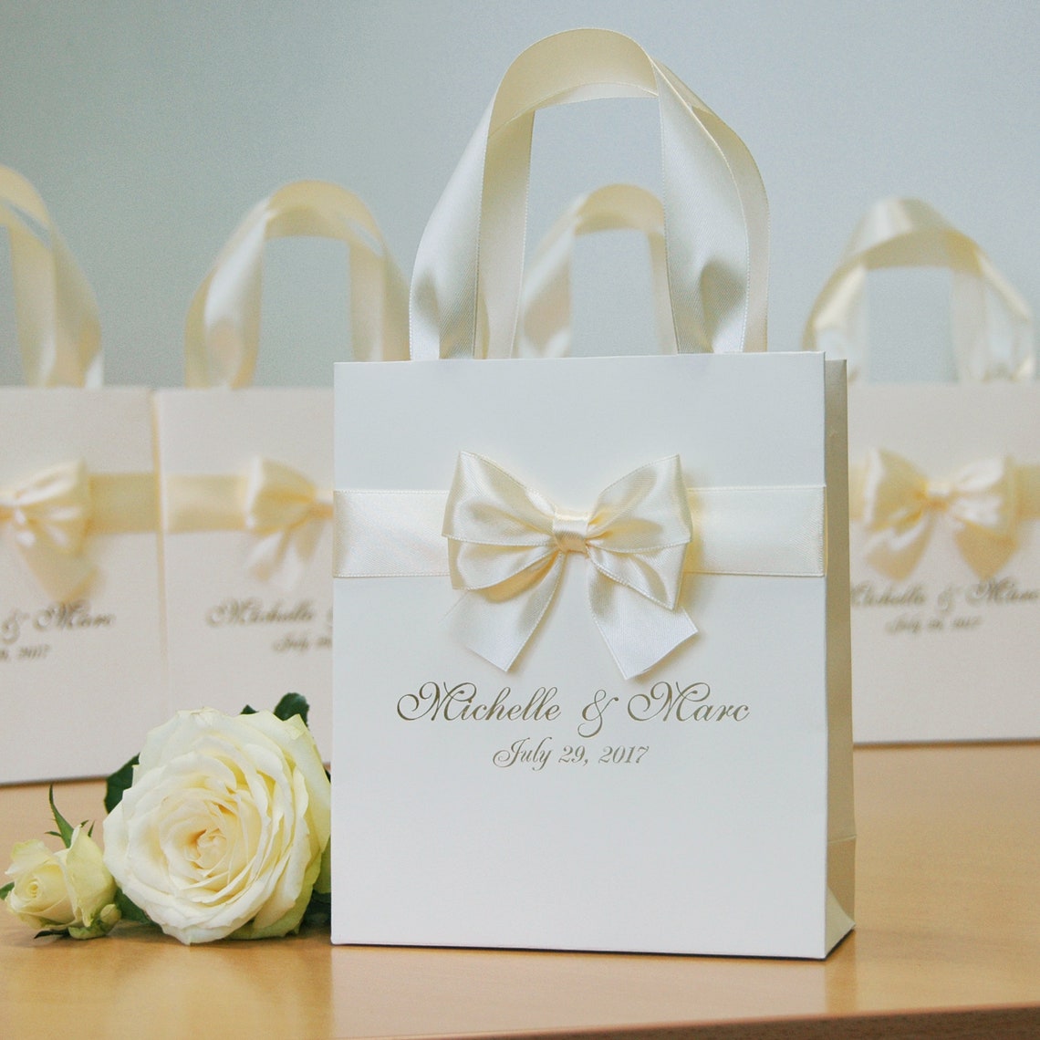 50 Ivory Wedding Gift Bags With Satin Ribbon Bow and Gold Etsy