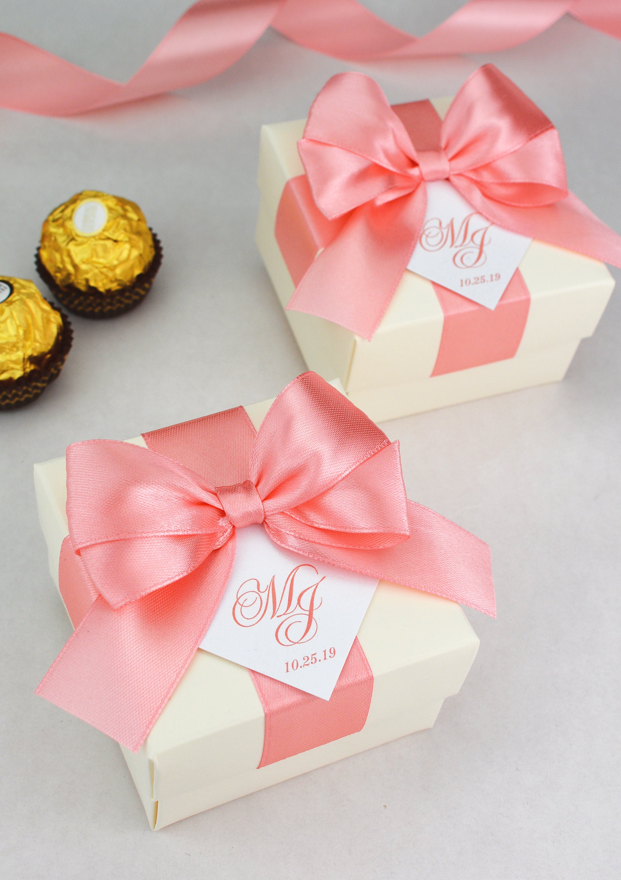Ivory &amp; Blush Wedding Favor Boxes With Satin Ribbon Bow and Your Names ...