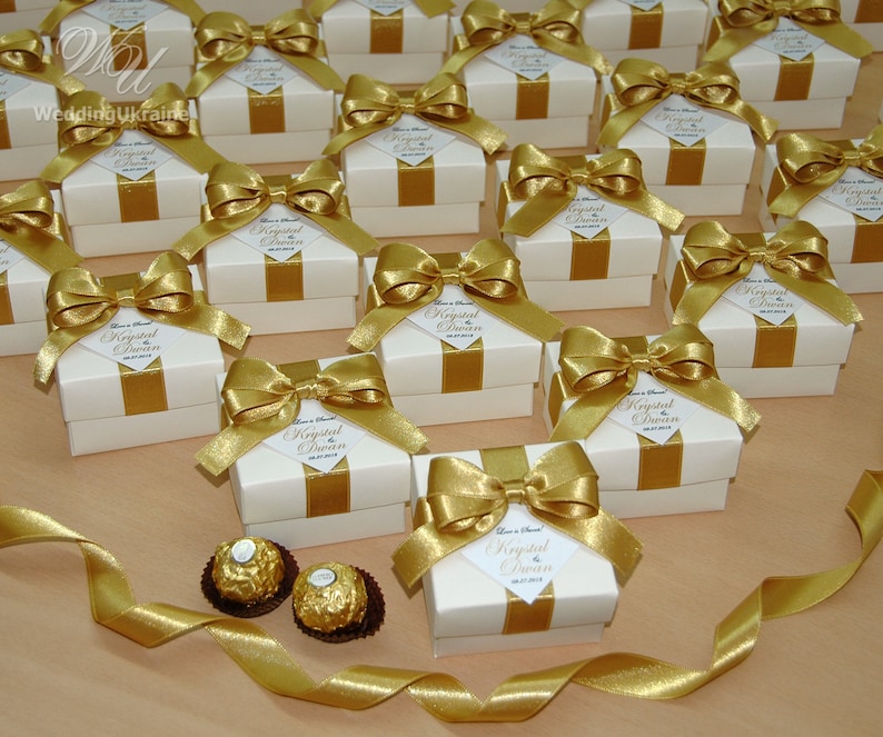 bow and your names Elegant Personalized Ivory and Gold Wedding candy box for guests Love is sweet Wedding favor boxes with satin ribbon