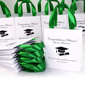 25 Graduation Celebration bags with Green satin ribbon handles and custom name. Elegant Personalized Party gifts and favors for guests