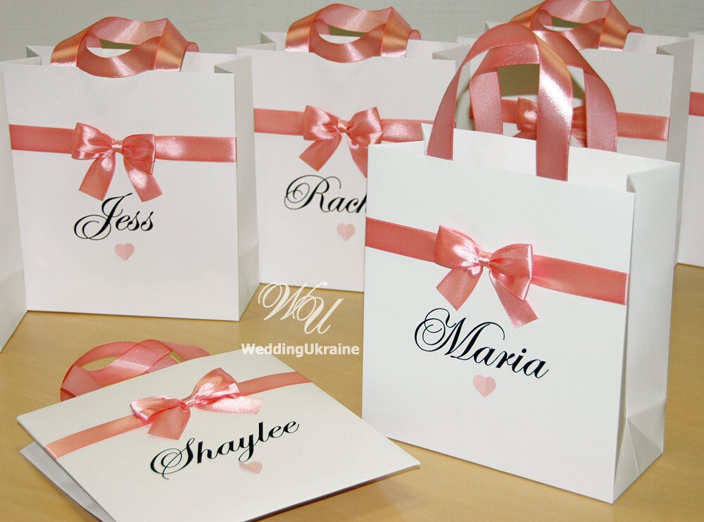 Blush Gift Bags With Custom Names Satin Bow and Heart - Etsy