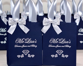 25 Denim Jeans & Bling Party gift bags with satin ribbon handles, bow and name, Personalized Denim and Diamonds Birthday favors for guests