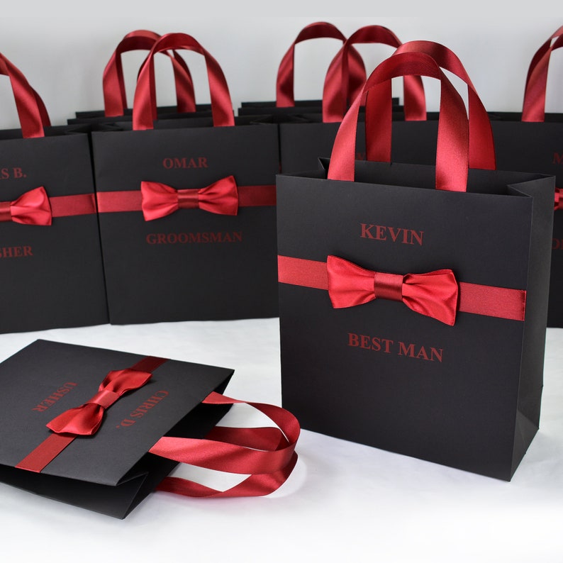 Chic Groomsmen Gift bags with male satin bow and custom