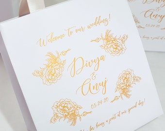 25 Champagne & Gold Wedding Welcome bags, Elegant Personalized Gift or Favor Bag with satin ribbon handles, roses and your names for guests