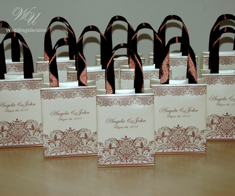 Champagne Wedding Gift Bags With Brown Satin Ribbon Handles Etsy