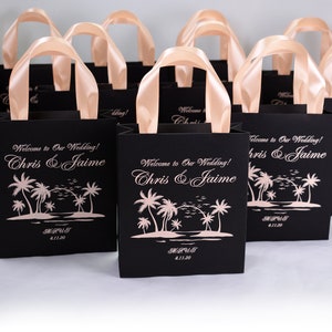 25 Tropical Wedding Welcome Bags with Peach satin ribbon handles, Elegant Personalized Beach Wedding gift bags for wedding favor for guests