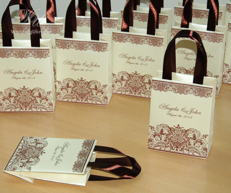 Champagne Wedding Gift Bags With Brown Satin Ribbon Handles Etsy