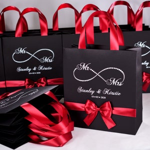 20 sacs de bienvenue de mariage avec poignées de ruban de satin bordeaux, arc et vos noms, amour infinity, Personnalisé M. - Mme faveur pour les invités