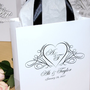 25 Monogram Wedding Welcome Bags with satin ribbon handles and custom names, Elegant Personalized wedding gifts and favors bags for guests