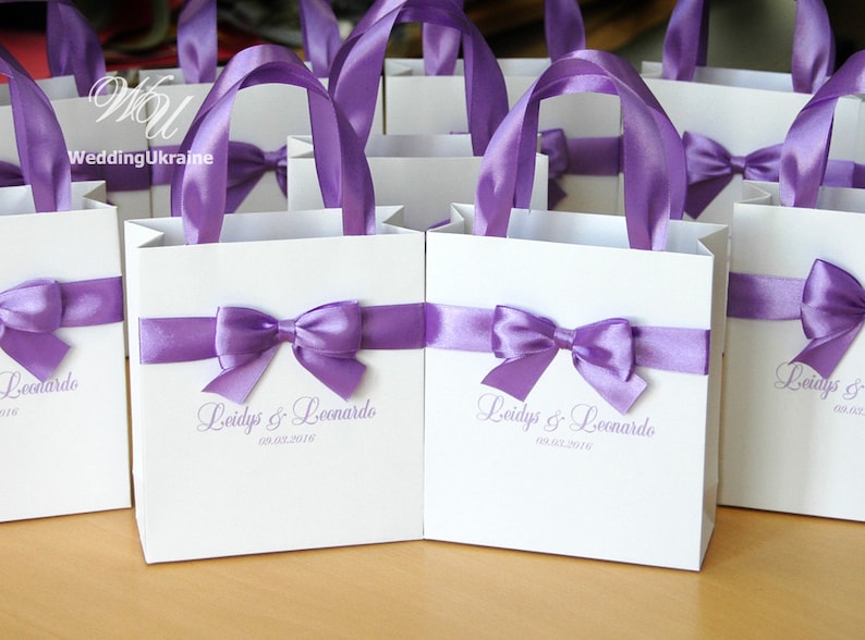 Lavender Wedding Gift Bags with satin ribbon bow and names Etsy