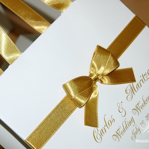 Wedding Welcome Bags with satin ribbon, bow and names - White and Gold Personalized wedding favor bags for guests Custom Weddings Gifts