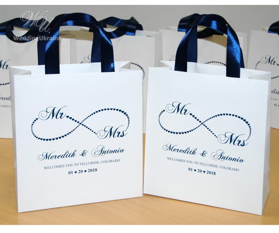 30 Navy Blue and Gold Wedding Monogram gift bags with satin ribbon handles,  Personalized welcome bags for wedding favors for guests